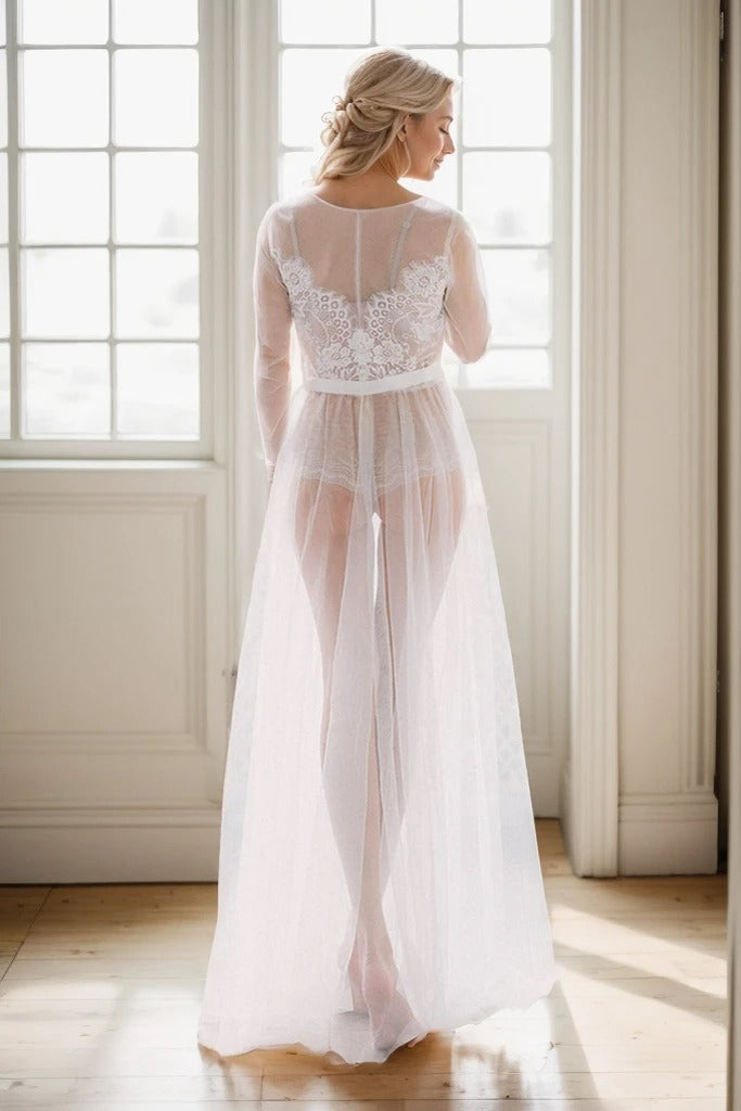 Elegant Sheer Lace Bridal Robe Long-Sleeve See-Through Lingerie Gown 2XL (US16-18) Elegant Sheer Lace Bridal Robe Long-Sleeve See-Through Lingerie Gown 2XL (US16-18)
