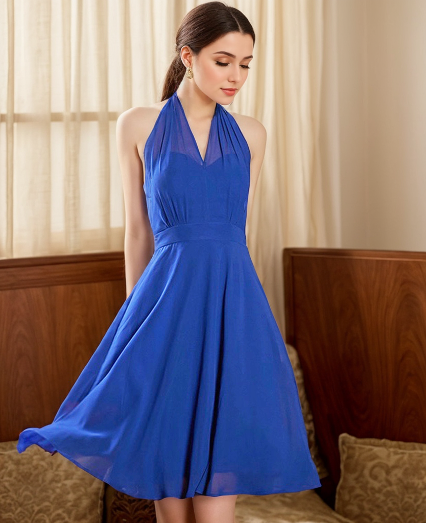 Elegant haltered low back La La Land style chiffon short prom dress 20 / Royal Blue Elegant haltered low back La La Land style chiffon short prom dress 20 / Royal Blue