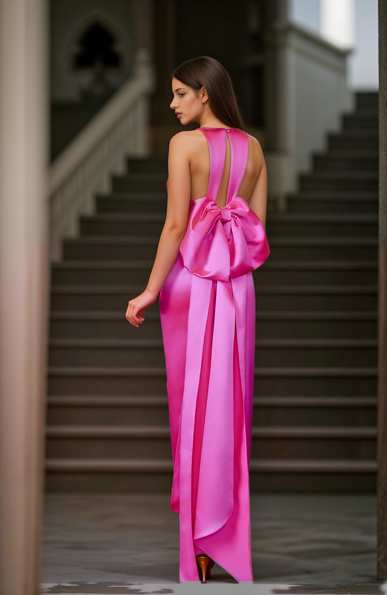 Haltered bow Design back sheath silky satin prom dress with bow-tie multiple colors