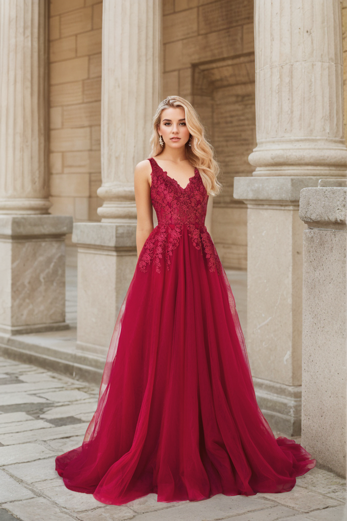 Mysteria Ruby red deep V neck lace soft tulle prom dress colored wedding dress