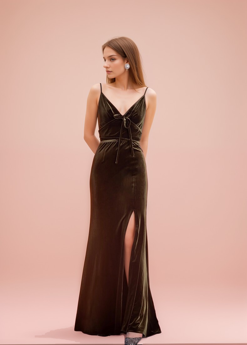 Fit and Flare Long Velvet Dress with Spaghetti Straps and Side Slit 4 / Olive Green Fit and Flare Long Velvet Dress with Spaghetti Straps and Side Slit 4 / Olive Green