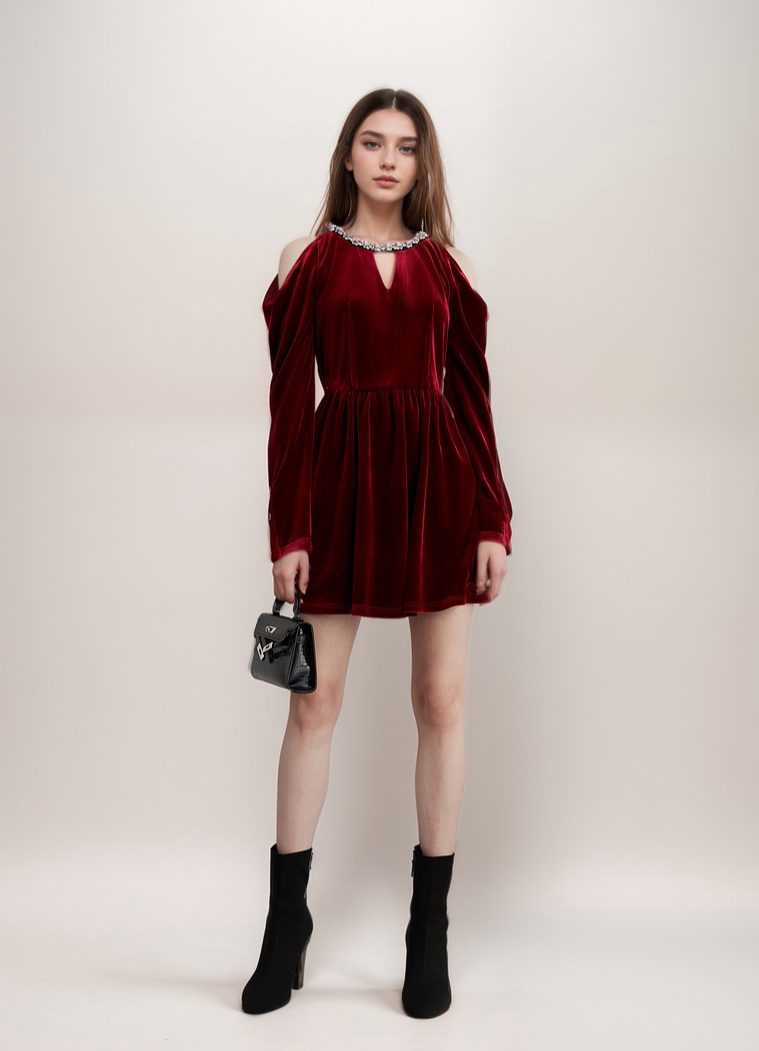 Velvet Cold Shoulder Party Dress with Jewel-Embellished Collar and But   SelenaHuanStudio