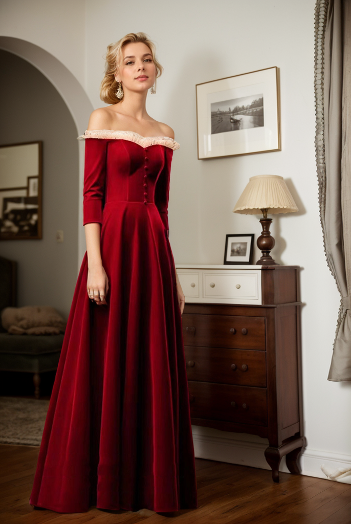 SelenaHuanBridal Vintage Off The Shoulder Velvet Dress with Ruffled Tulle and 3 4 Sleeves 12 Red