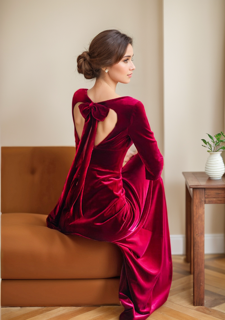 Elegant Long V-Neck A-Line Velvet Dress with Heart Shape Bow-Tied Back Elegant Long V-Neck A-Line Velvet Dress with Heart Shape Bow-Tied Back