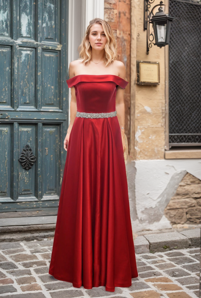 Off-shoulder Ruby Red A-line Japanese Soft Satin Prom Dress with Cryst SelenaHuanStudio Off-shoulder Ruby Red A-line Japanese Soft Satin Prom Dress with Cryst SelenaHuanStudio