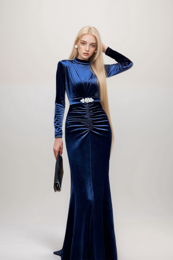 Elegant Velvet High Neck Long Sleeve Evening Gown with Crystal Belt