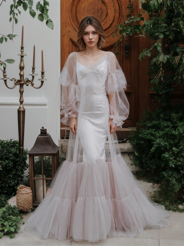 Luxury Pink Layered Tulle Sheer Robe Dress | Couture Ruffle Off-Shoulder Bridal Boudoir Gown