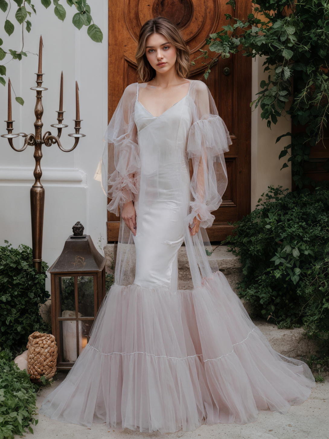 Luxury Pink Layered Tulle Sheer Robe Dress | Couture Ruffle Off-Shoulder Bridal Boudoir Gown