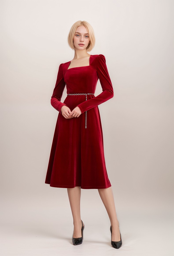 Elegant Red Velvet Midi Dress with Square Neckline and Chain Belt Detail