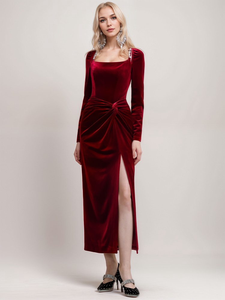 Elegant Velvet Evening Gown with Crystal Straps & Draped Waist thigh slit 6 / Other Colors Elegant Velvet Evening Gown with Crystal Straps & Draped Waist thigh slit 6 / Other Colors