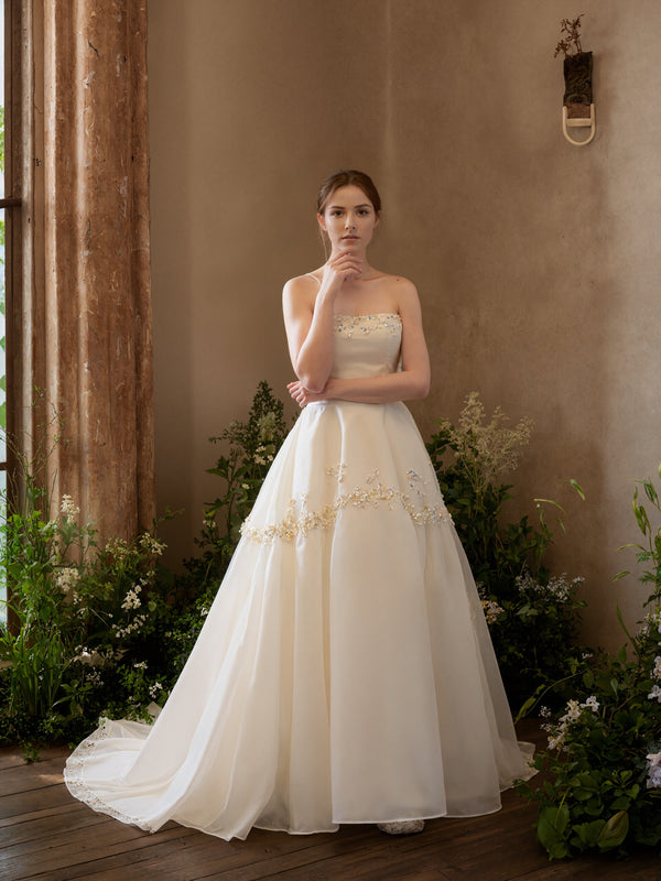 Elegant Strapless A-Line Wedding Dress with Floral Beading & Chapel Train