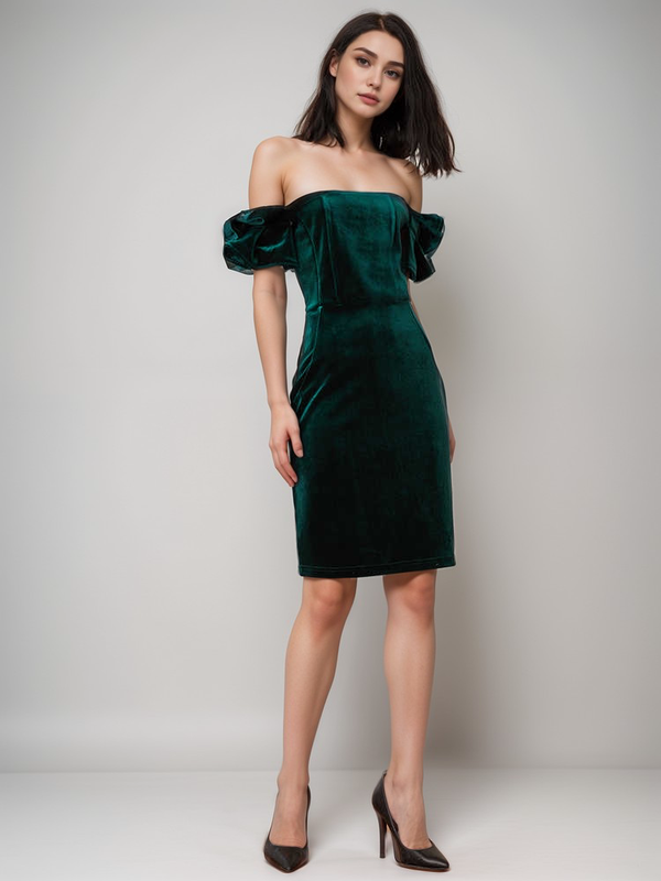 Elegant Off-the-Shoulder Mini-length Velvet Dress with Puffy Sleeves