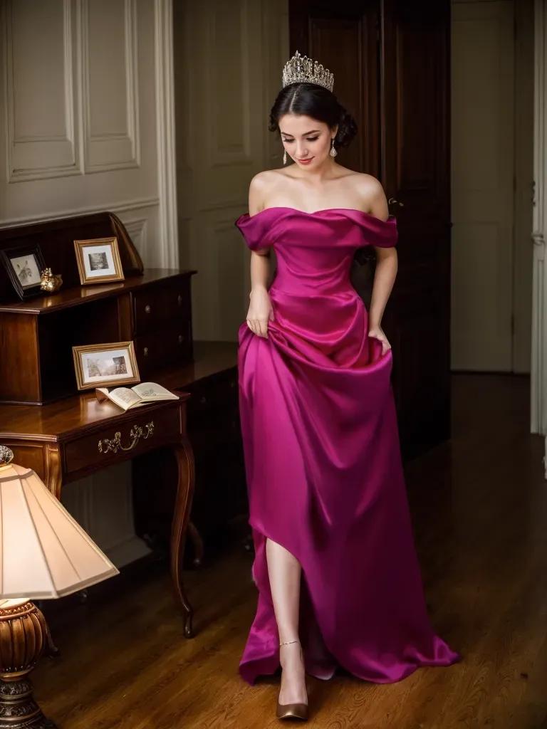 Radiant Fuchsia Off-Shoulder Satin Gown with Elegant Train