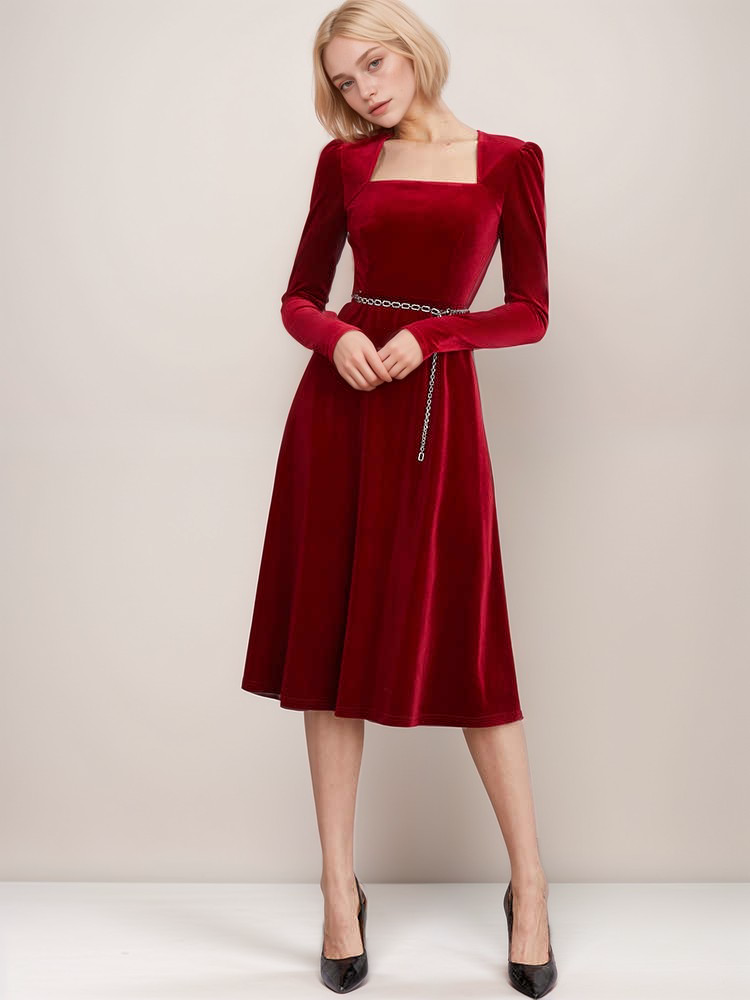 Elegant Red Velvet Midi Dress with Square Neckline and Chain Belt Detail