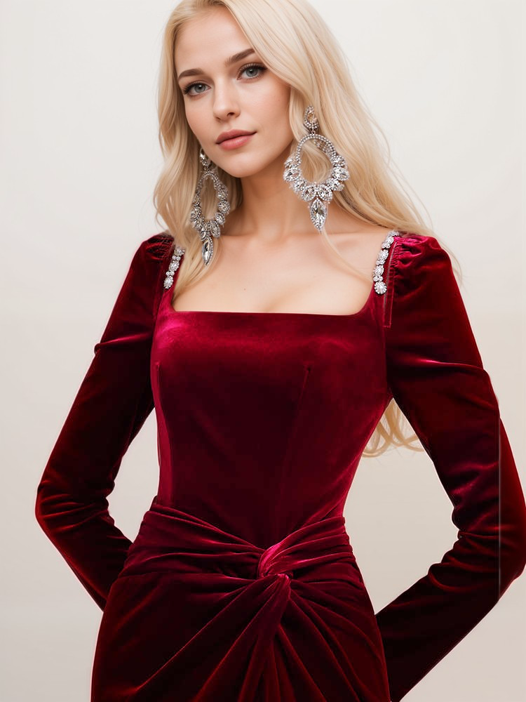 Elegant Velvet Evening Gown with Crystal Straps & Draped Waist thigh s