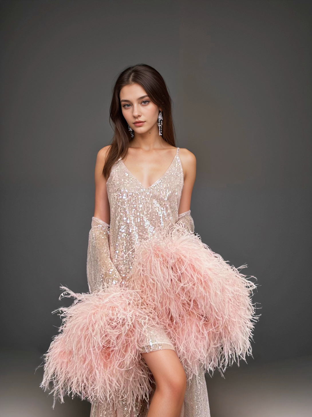 Ostrich Feather sequin mesh long robe dress with nightgown pink ivory-next day shipping S (US0-2) / Ivory Ostrich Feather sequin mesh long robe dress with nightgown pink ivory-next day shipping S (US0-2) / Ivory