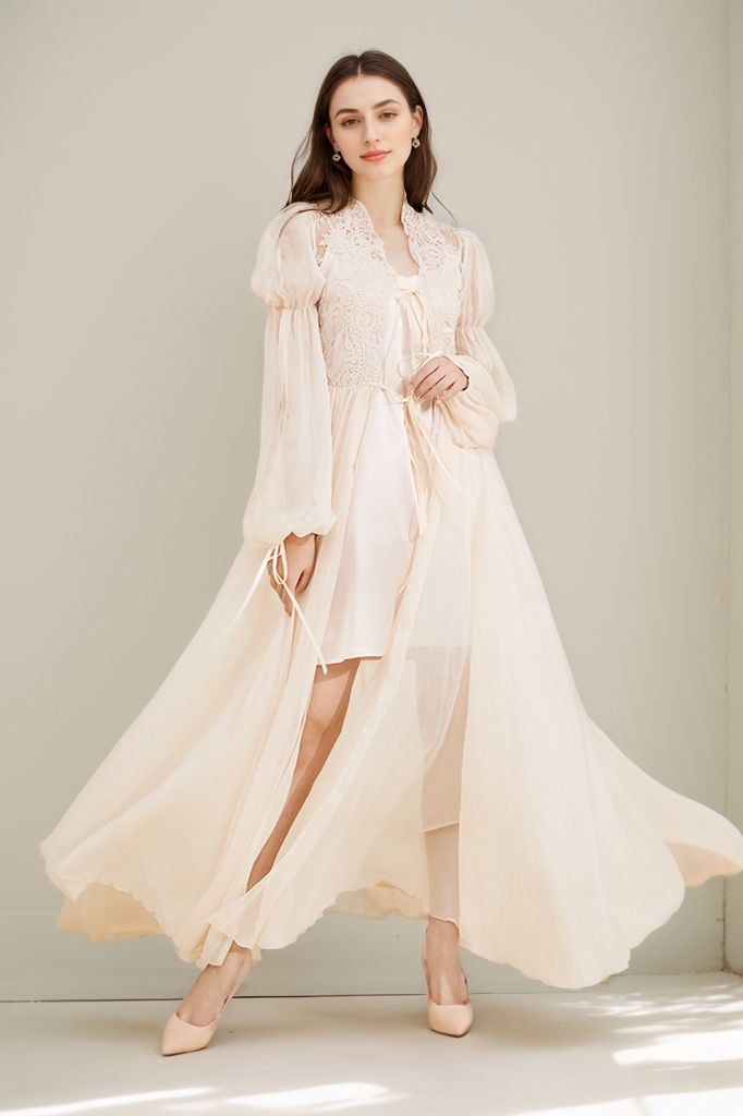 Sheet Robe Boho Lace Embroidered Long Sheer Robe Set with Camisole Dress ...