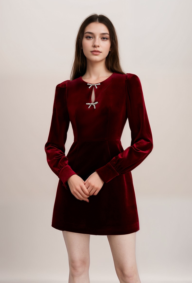 Elegant Velvet Long Sleeve Mini Dress with Bow and Pearl Detail