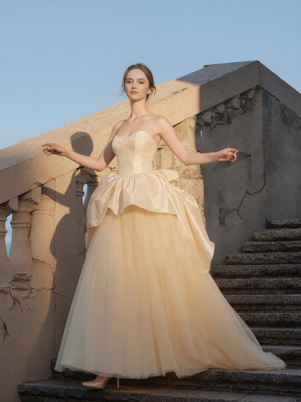 Calista-Champagne Silk Organza Ballgown Wedding Dress with Draped Basque Waist & Tulle Skirt