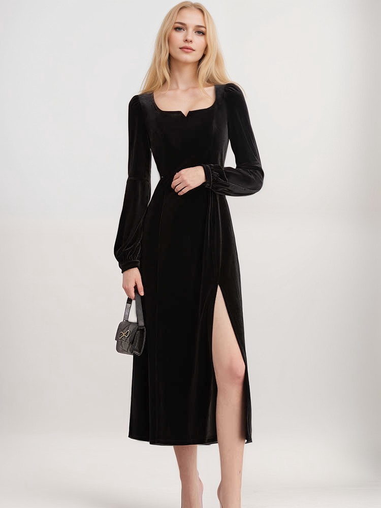 Elegant Black Velvet Long-Sleeve Midi Dress with Side Slit