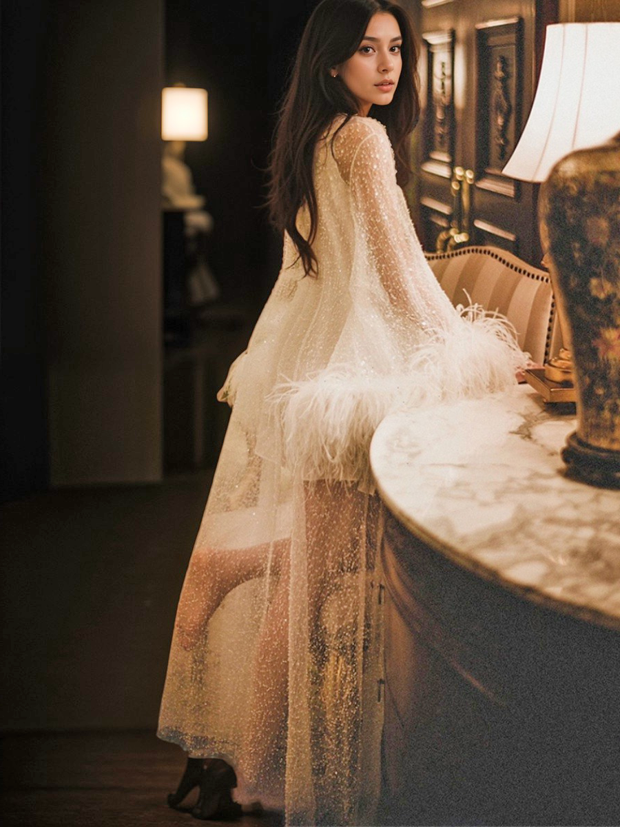 Ostrich Feather sequin mesh long robe dress with nightgown pink ivory-next day shipping S (US0-2) / Ivory Ostrich Feather sequin mesh long robe dress with nightgown pink ivory-next day shipping S (US0-2) / Ivory