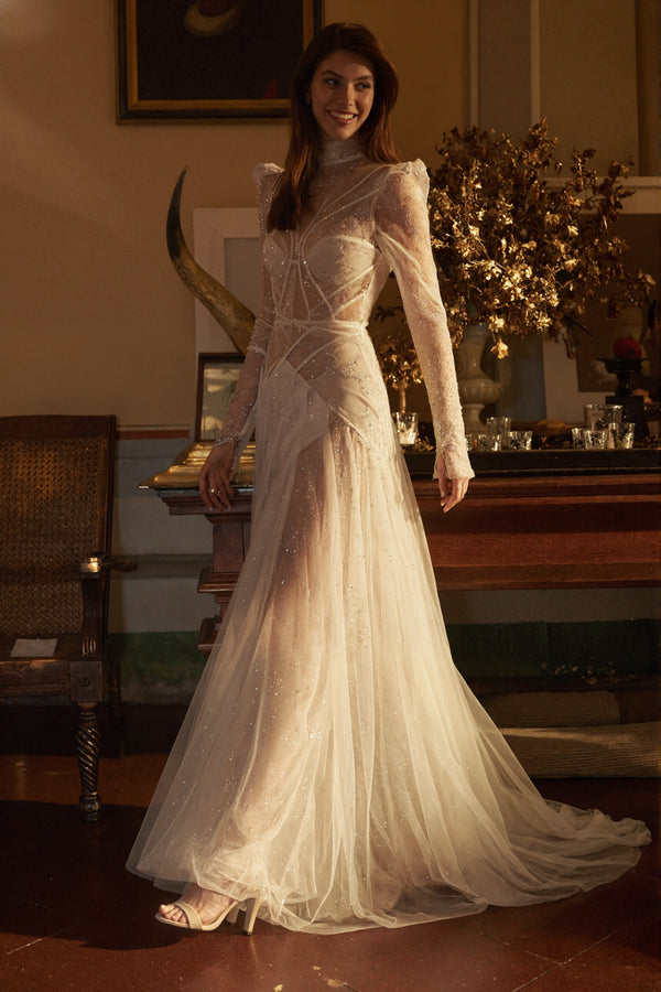 Celestine Sheer Tulle Embellished Robe Dress with Sparkling Beadwork & Corset Details