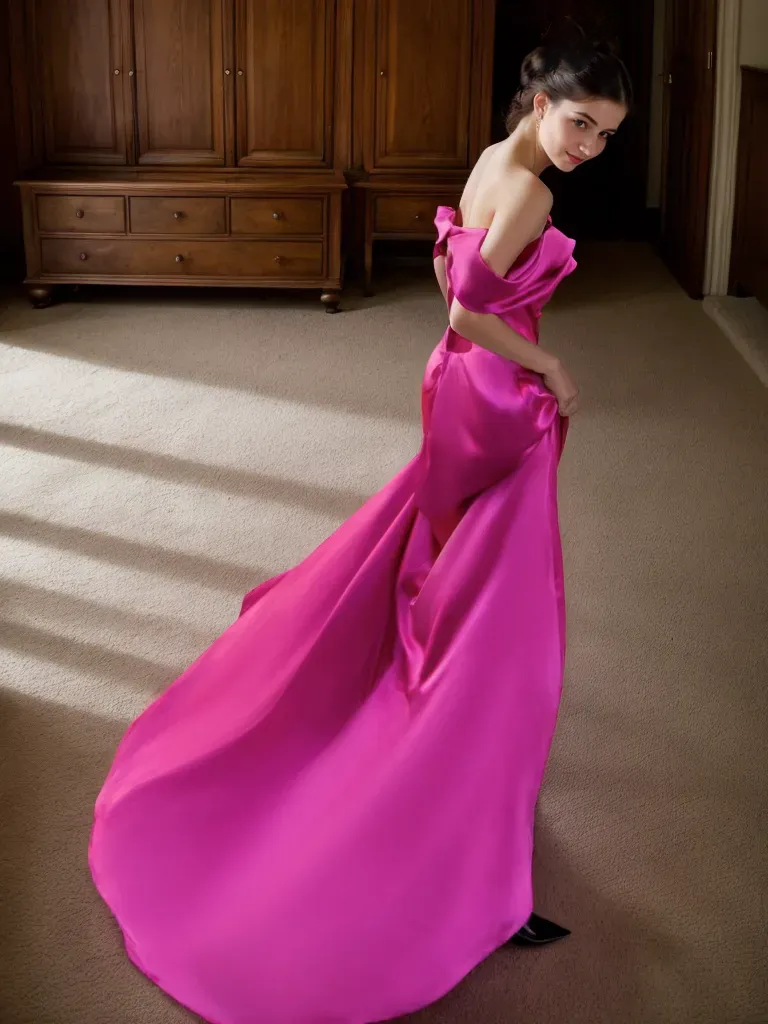 Radiant Fuchsia Off-Shoulder Satin Gown with Elegant Train