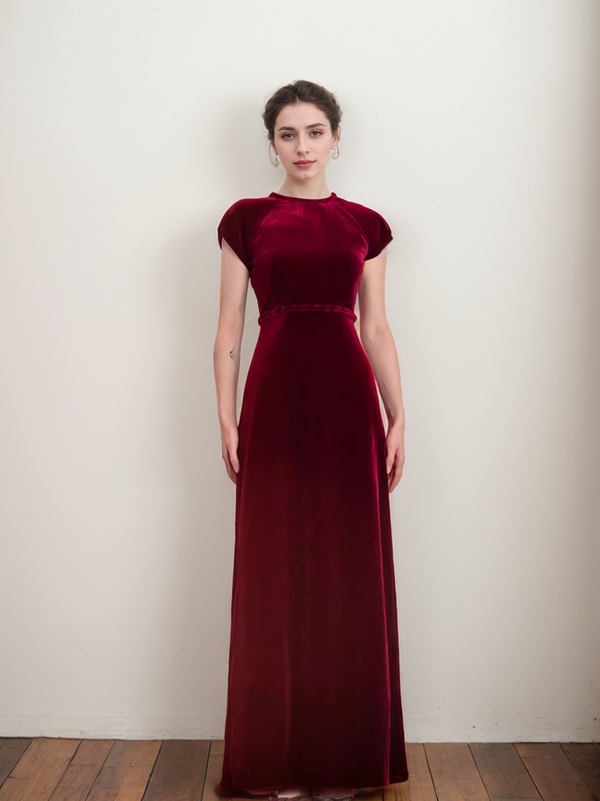 Elegant Burgundy Velvet Cap Sleeve Floor-Length Evening Dress