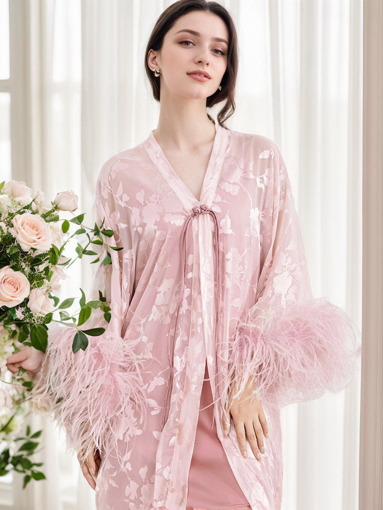 Luxurious Sequin Embroidered Lace Ostrich Feather Robe Set