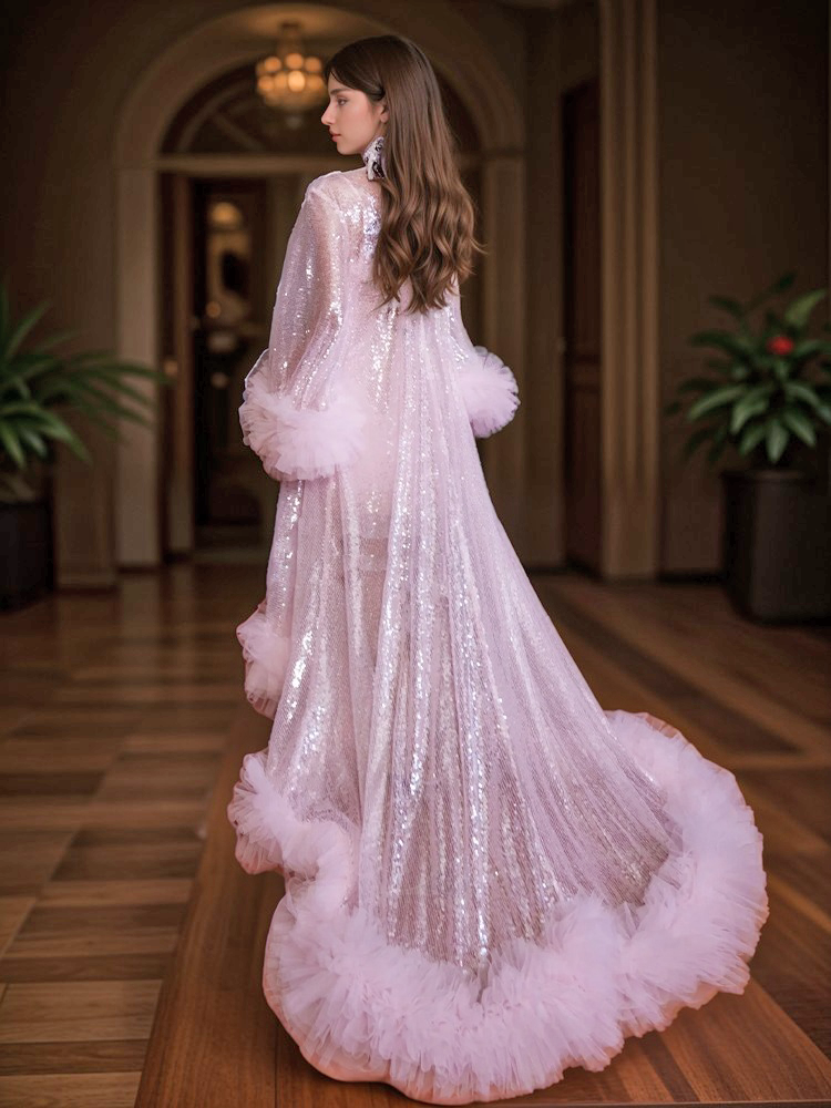 Ruffled tulle fringe hem sequin mesh long robe with sequin nightgown p ...