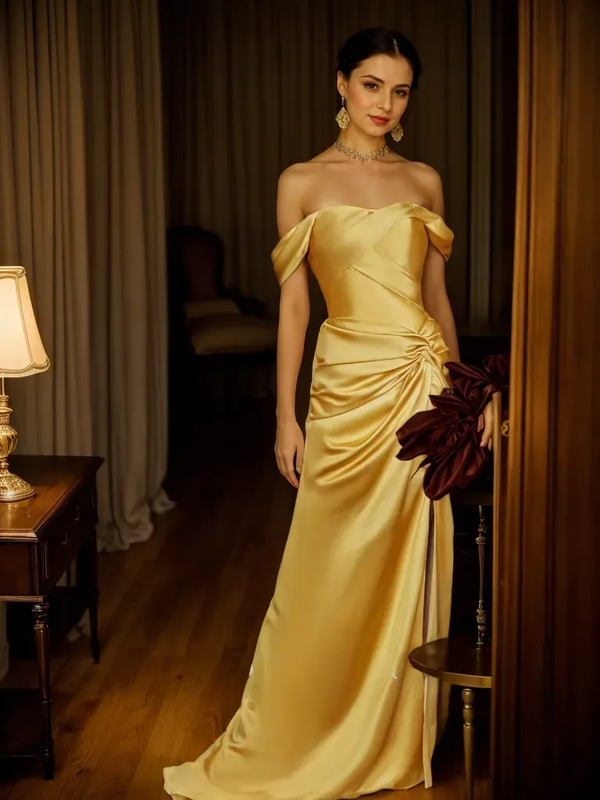 Golden Hour Off-the-Shoulder Satin Ball Gown Evening Dress