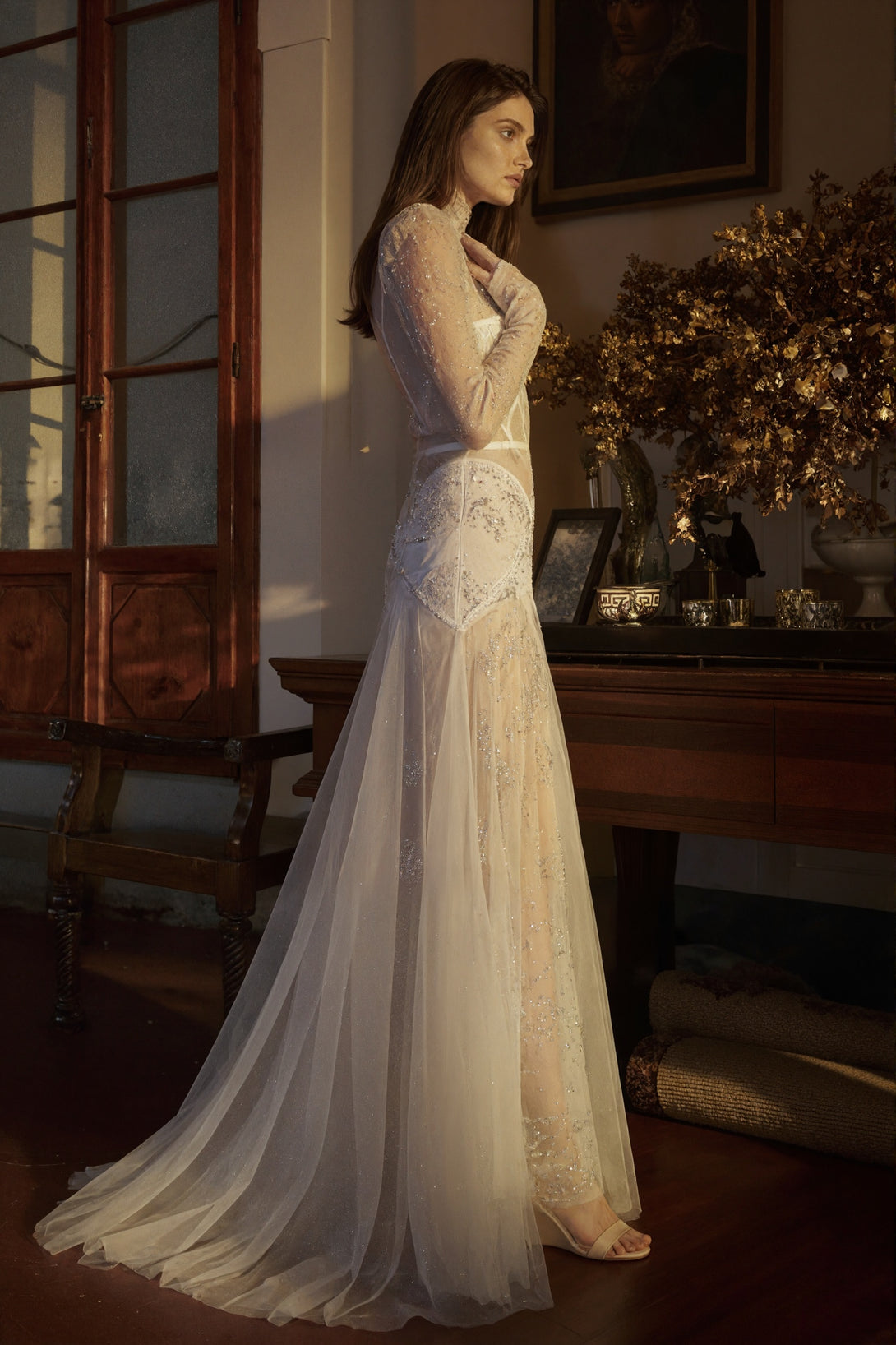 Celestine Sheer Tulle Embellished Robe Dress with Sparkling Beadwork & Corset Details