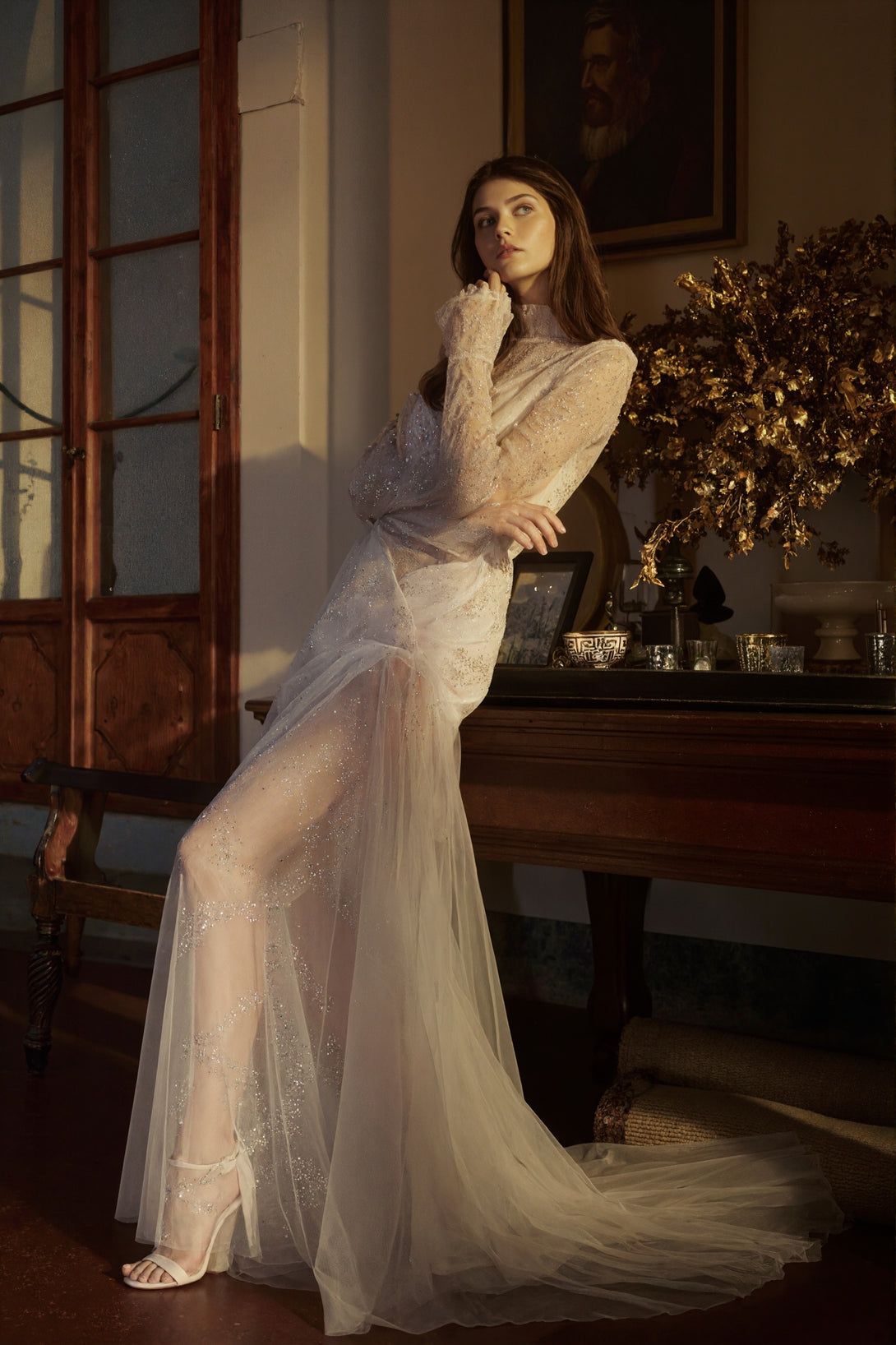 Celestine Sheer Tulle Embellished Robe Dress with Sparkling Beadwork & Corset Details