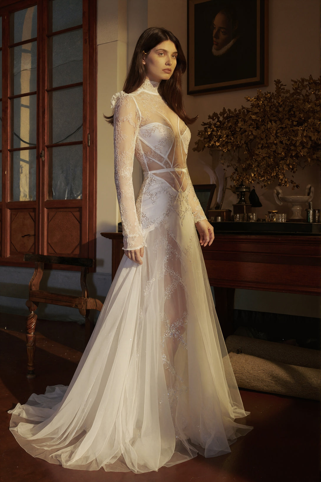 Celestine Sheer Tulle Embellished Robe Dress with Sparkling Beadwork & Corset Details