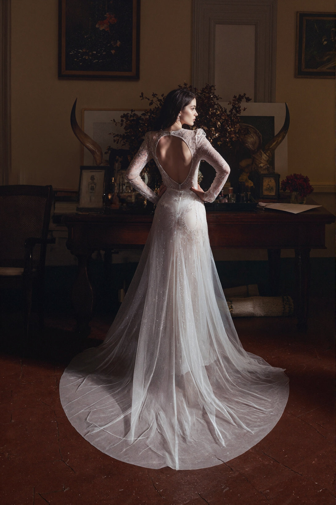 Celestine Sheer Tulle Embellished Robe Dress with Sparkling Beadwork & Corset Details