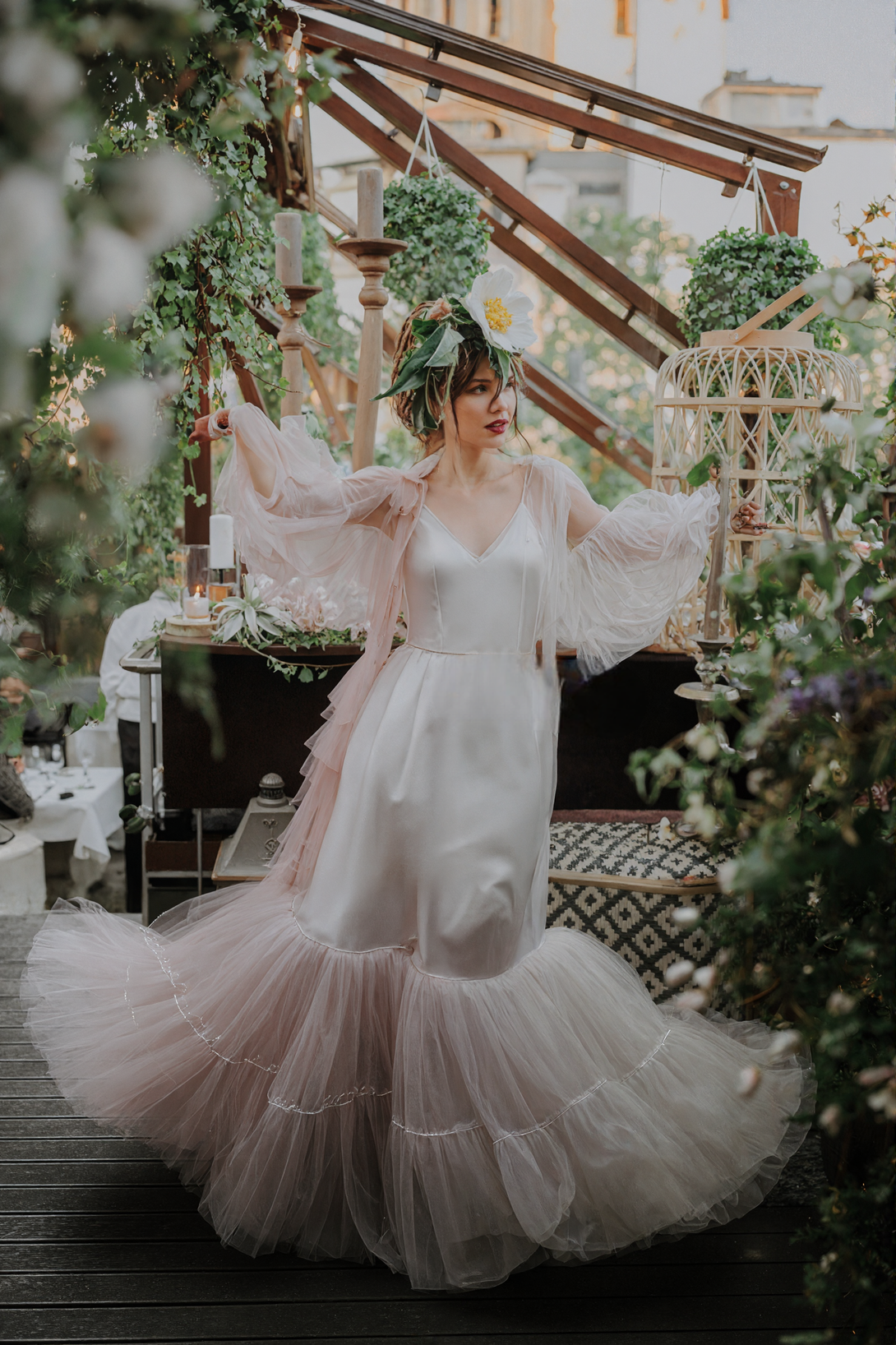 Luxury Pink Layered Tulle Sheer Robe Dress | Couture Ruffle Off-Shoulder Bridal Boudoir Gown
