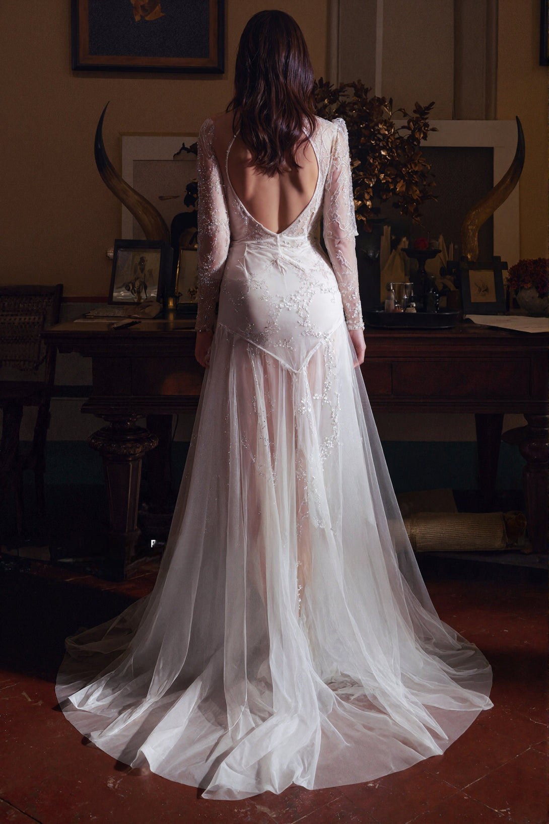 Celestine Sheer Tulle Embellished Robe Dress with Sparkling Beadwork & Corset Details