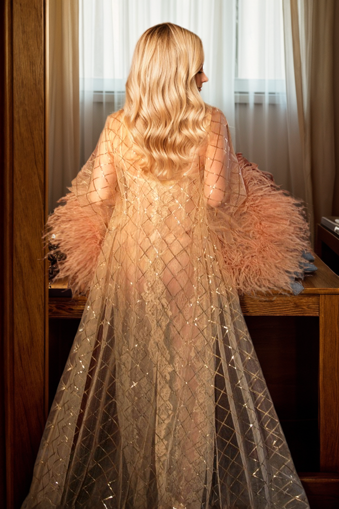A Sheared Robe Luxury Feather-Trimmed Sheer Lace Bridal Robe Set with Embellished Det ...