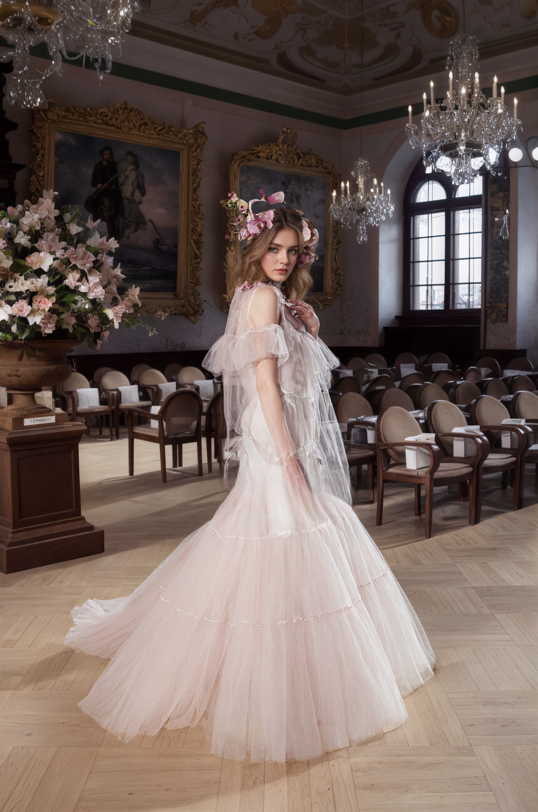 Luxury Pink Layered Tulle Sheer Robe Dress | Couture Ruffle Off-Shoulder Bridal Boudoir Gown