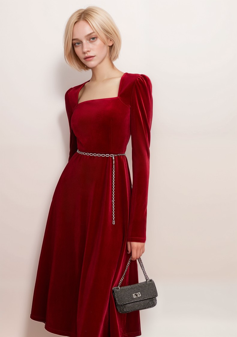 Elegant Red Velvet Midi Dress with Square Neckline and Chain Belt Detail