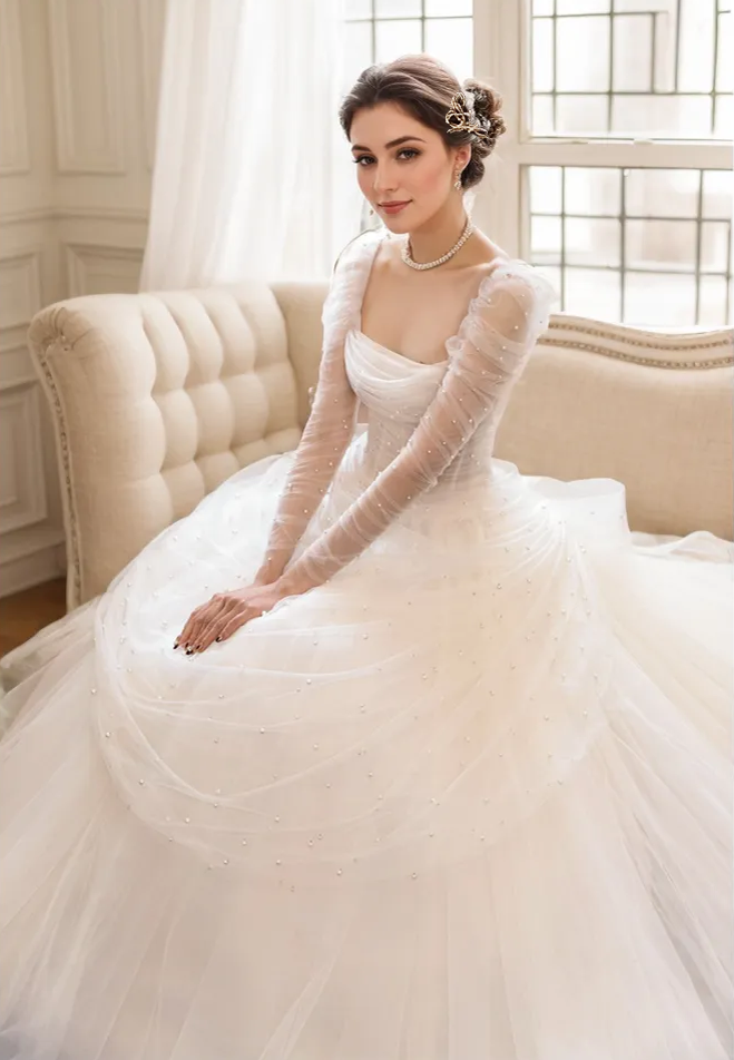 Morris - Peal-Enchanted Tulle Long-Sleeve Wedding Gown with Bow Train