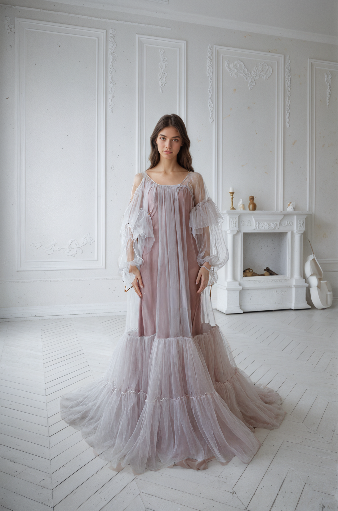 Luxury Pink Layered Tulle Sheer Robe Dress | Couture Ruffle Off-Shoulder Bridal Boudoir Gown