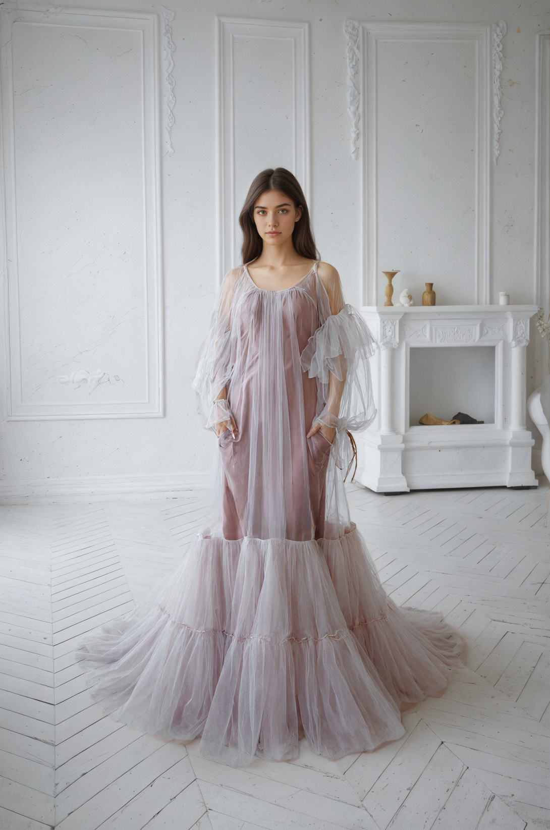 Luxury Pink Layered Tulle Sheer Robe Dress | Couture Ruffle Off-Shoulder Bridal Boudoir Gown