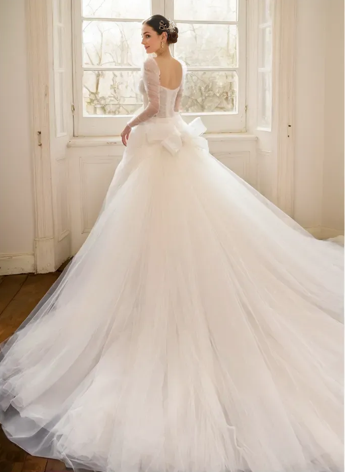 Morris - Peal-Enchanted Tulle Long-Sleeve Wedding Gown with Bow Train