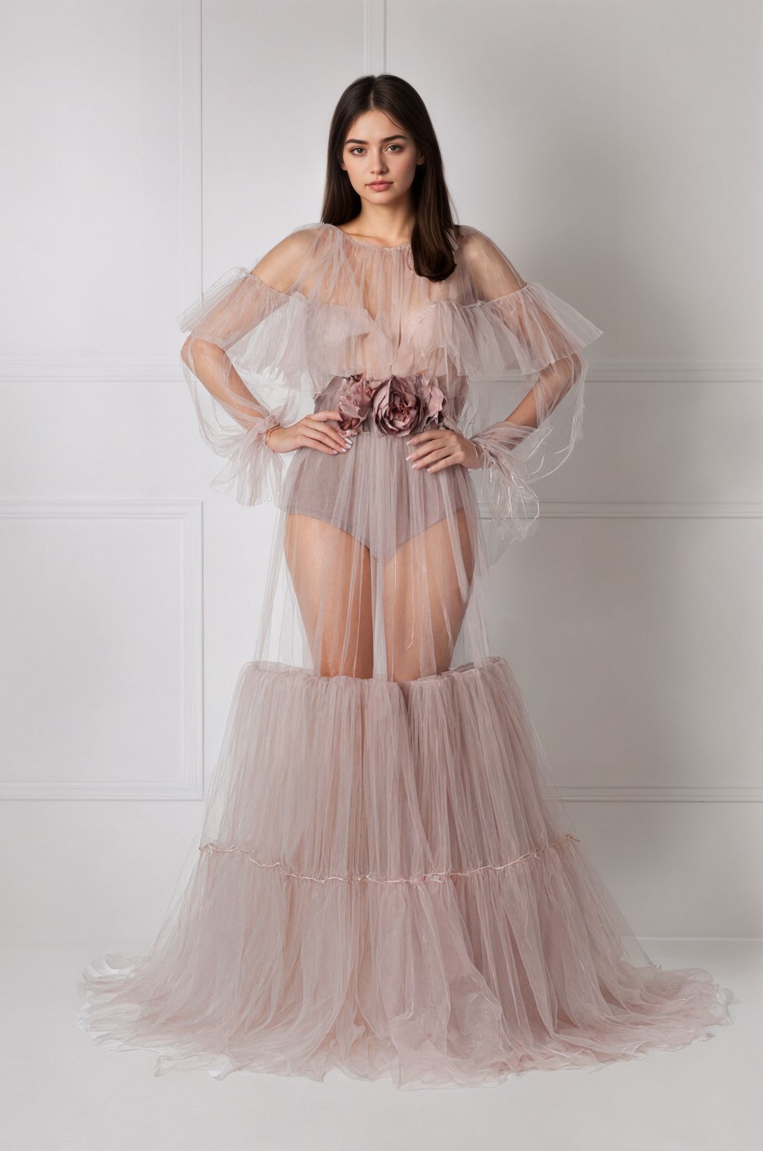 Luxury Pink Layered Tulle Sheer Robe Dress | Couture Ruffle Off-Shoulder Bridal Boudoir Gown