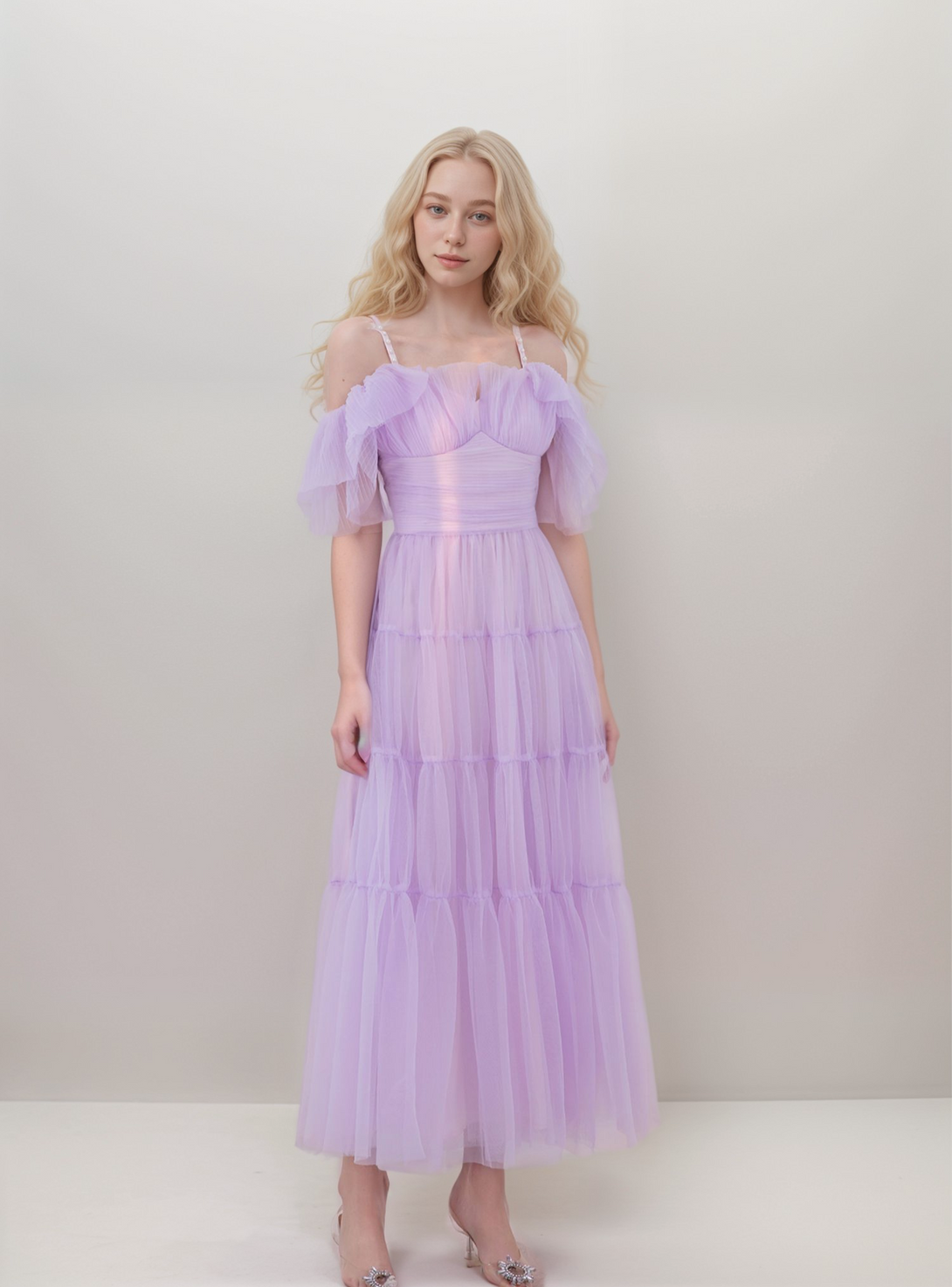 Beaded Spaghetti-straps ruffled sleeves tea length tulle prom dress