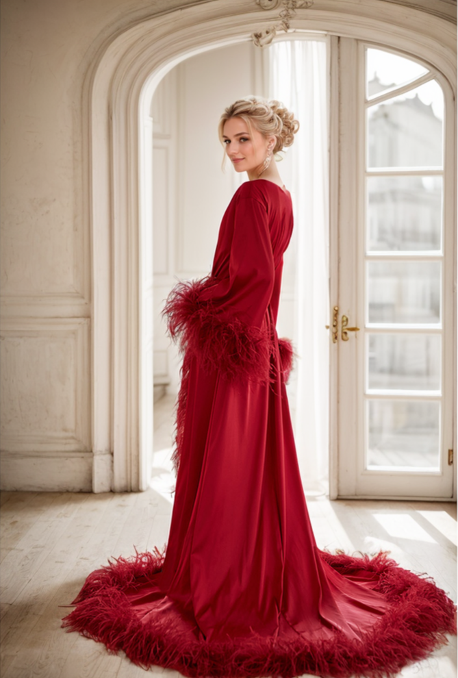 Luxury Thick Ostrich Feather Floor-Length Satin Robe with Train – Eleg ...