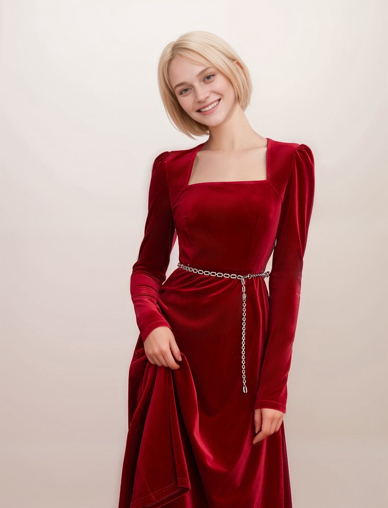 Elegant Red Velvet Midi Dress with Square Neckline and Chain Belt Detail