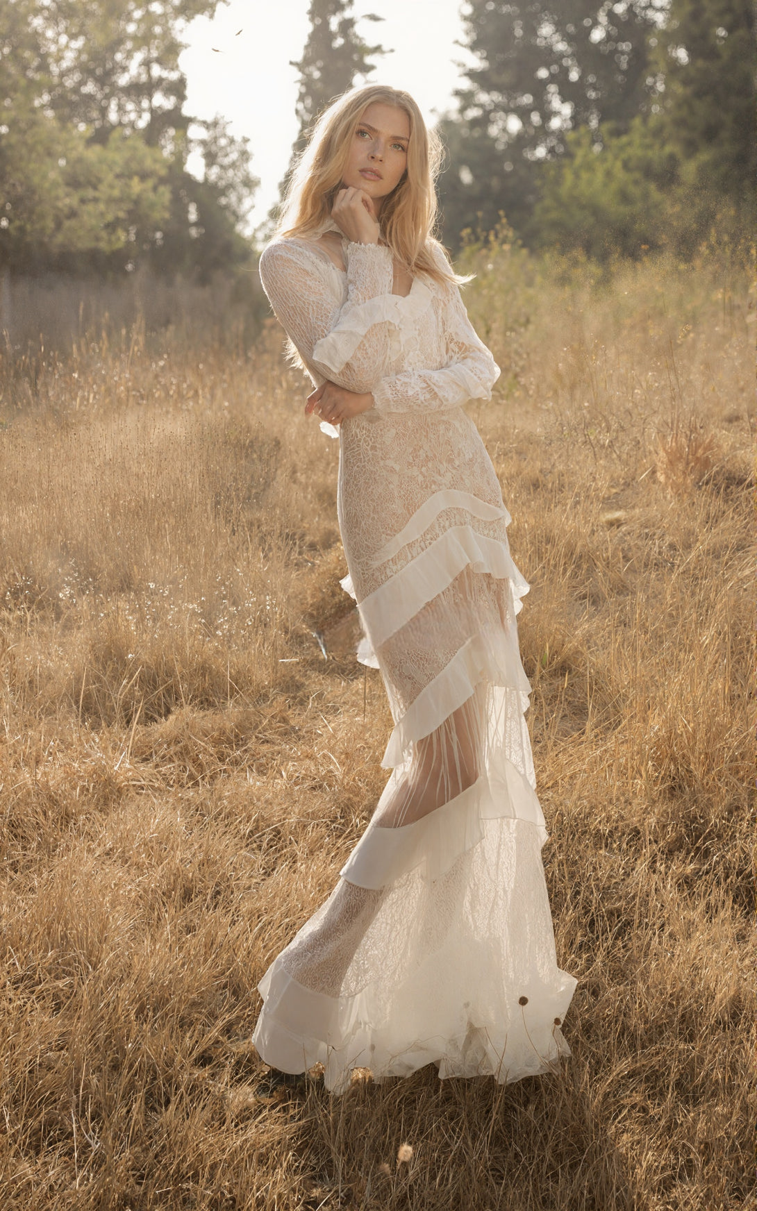 Ethereal Sheer Lace Ruffle Maxi Dress – Vintage-Inspired Bohemian Bridal Gown