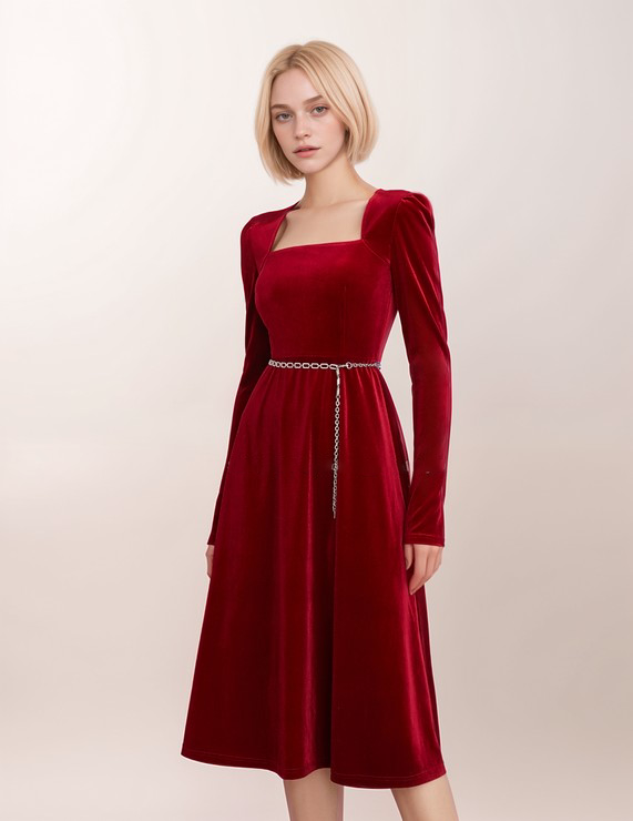 Elegant Red Velvet Midi Dress with Square Neckline and Chain Belt Detail